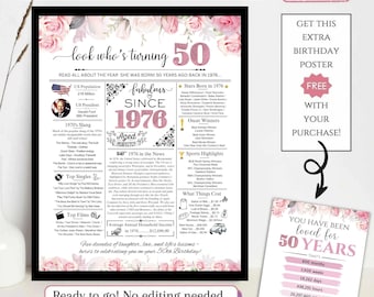 50th Birthday Newspaper Poster, Born in 1976 Facts for 50 years Adult Birthday, Printable Decor Gift for Mom Flowers Pink Roses NOT EDITABLE
