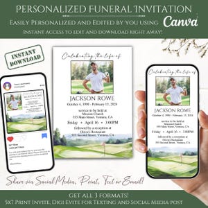 May include: A digital funeral invitation template featuring a green golf course background. The template includes a photo of a man wearing a golf shirt, the text "Celebrating the life of", and the name "JACKSON ROWE". The invitation details the dates "October 4, 1990 - February 13, 2024", the service location, and the time of the service. The invitation also includes information about a reception following the service.