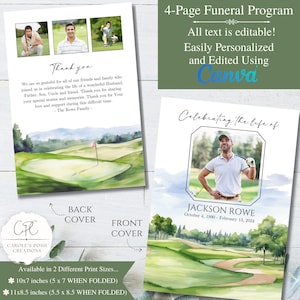 Op de afbeelding: Een 4-pagina's tellend begrafenisprogramma met een aquarelontwerp van een golfbaan. De voorkant toont een foto van een man, de tekst "Celebrating the life of" en de naam "Jackson Rowe". Verkrijgbaar in 2 formaten.