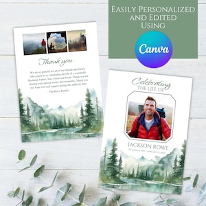 Plantilla de programa funerario conmemorativo fotográfico editable para excursionistas en el bosque al aire libre en la montaña, celebración imprimible, collage para celebrar la vida, homenaje