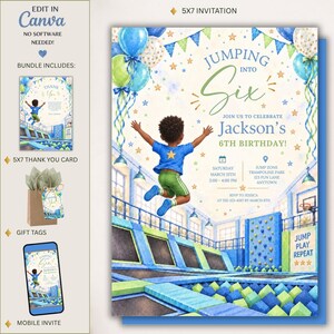 Puede incluir: Una plantilla de invitación de cumpleaños de 5x7 con una ilustración en acuarela de un niño saltando en un trampolín. El diseño incluye globos azules y verdes, estrellas doradas y el texto Jumping into Six, Jackson's 6th Birthday y Jump Play Repeat.