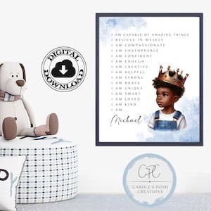 African American Personalized Name Positive Affirmations Art Print, Black Boy Affirmations Wall Art, Toddler Bedroom, Digital Downloadable