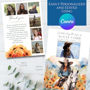 Editable Cowgirl Western Outdoors Horse Photo Memorial Funeral Program Template Printable Celebration Celebrating the Life Honoring Editable