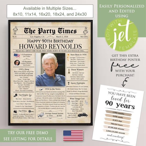 Personalized 90th Birthday Newspaper Poster, 1934 Facts for 90 Adult Birthday, Printable Decor Birthday Gift for Women Men DIGITAL DOWNLOAD