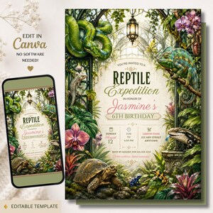 Könnte beinhalten: Eine digitale Geburtstagseinladungsvorlage mit Dschungelmotiv, einem grünen Schlange, einem Chamäleon, einer Schildkröte und einer Eidechse. Der Text lautet: You're invited to a Reptile Expedition in honor of Jasmine's 6th Birthday, Sunday August 12.