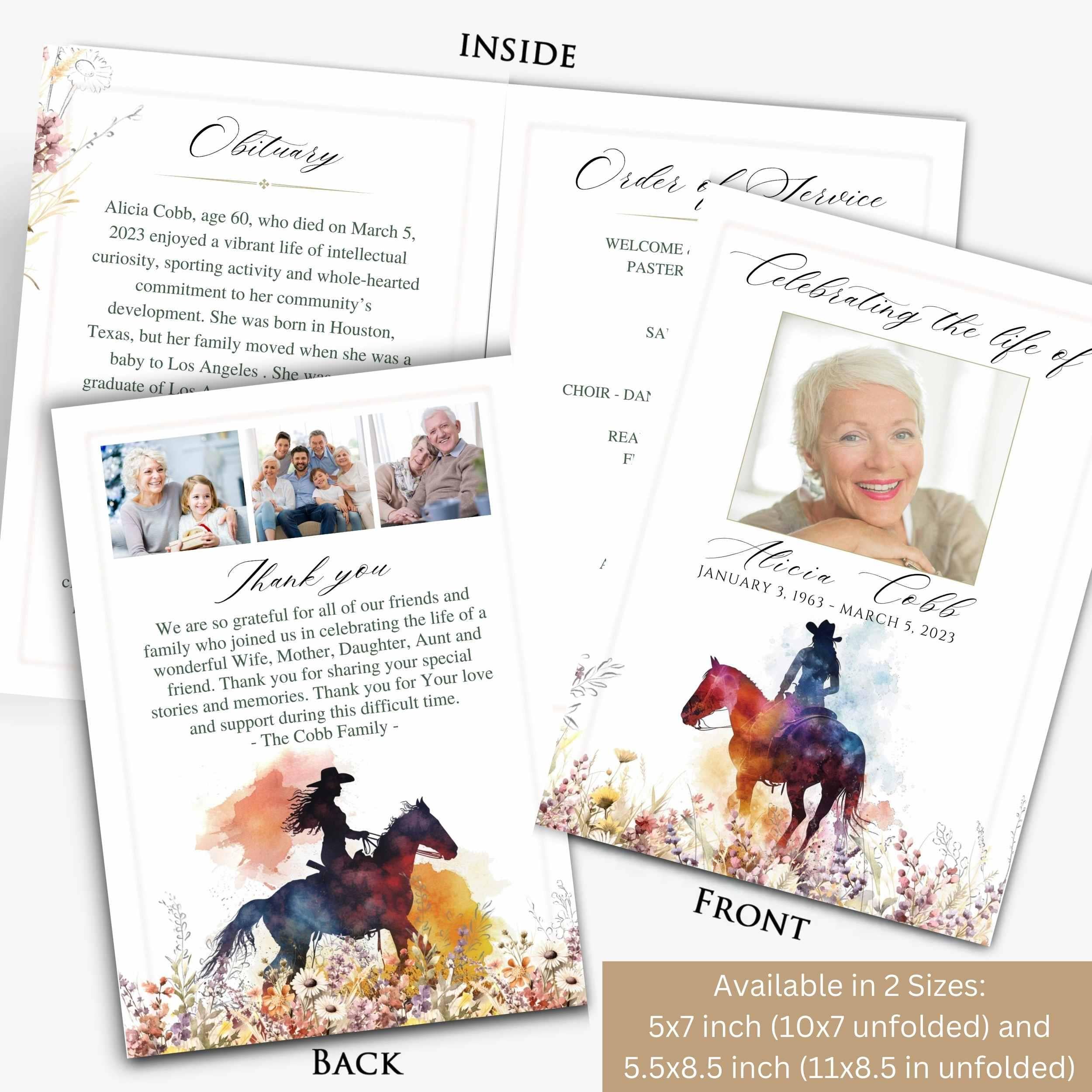 Editable Cowgirl Western Outdoors Horse Photo Memorial Funeral Program ...