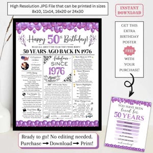 May include: A black framed poster celebrating a 50th birthday, with purple balloon graphics and text. The poster includes facts from 1976, such as the US President, slang, and top films. It also includes a free bonus poster.