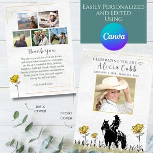 May include: A memorial card with a photo of a woman wearing a cowboy hat and a floral design with yellow flowers. The text on the card reads "Celebrating the life of Alicia Cobb, January 3, 1993 - March 5, 2023".