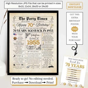Zeitungsposter zum 70. Geburtstag, 1955 Fakten zum 70 Jahre Geburtstag für Erwachsene, druckbares Geschenk für Frauen Männer, NICHT EDITIERBARER digitaler Download