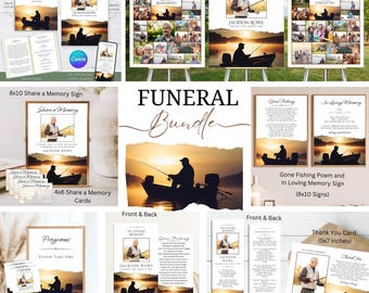 May include: A funeral bundle with a fishing theme. The bundle includes a 4-page funeral program, a 8x10 inch share a memory sign, 4x6 inch share a memory cards, a 2.5x4.25 inch prayer card, a 7x2.5 inch bookmark, an 8x10 inch gone fishing poem and in loving memory sign, and a 5x7 inch thank you card. All items feature a silhouette of a person fishing at sunset.
