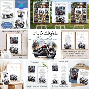 編集可能なバイク葬儀テンプレート、印刷可能な追悼式典プログラム、祈祷カード、ブックマーク、コラージュポスターサイン