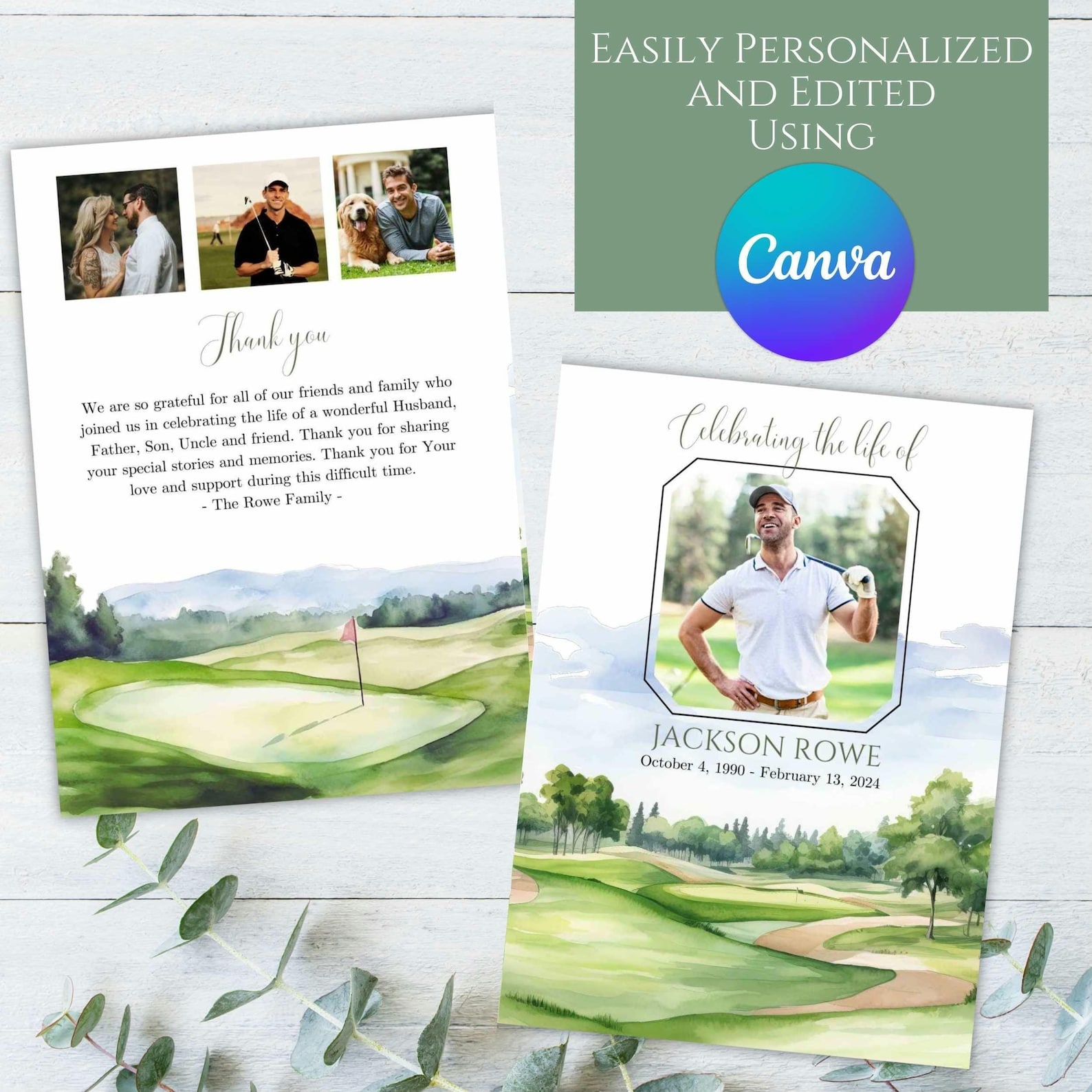Editable Golf Outdoors Sunset Photo Memorial Funeral Program Template Printable Celebration ...