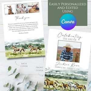 Editable Cowboy Cowgirl Western Horses Mountain Photo Memorial Funeral Program Template, Printable Celebration of Life, Honoring in Memory