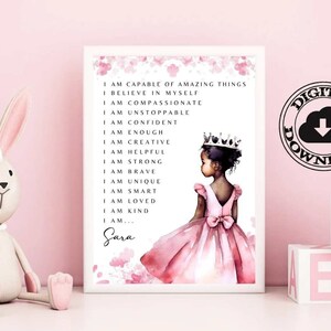African American Personalized Name Positive Affirmations Art Print, Black Girl Affirmations Wall Art, Toddler Bedroom, Princess Downloadable