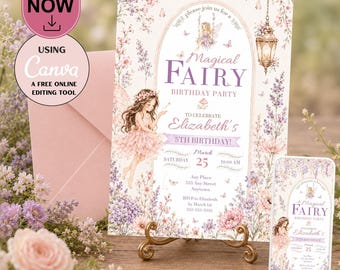 Fairy Birthday Invitation Template, Editable Magical Butterfly Thank You Card and Evite, Canva Editable (Digital Download)