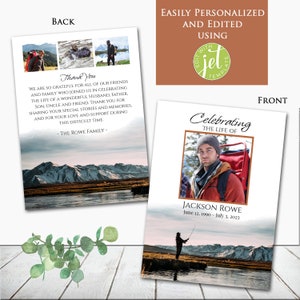 Editable Fishing Mountain Outdoors Fisherman Photo Memorial Funeral Program Template Printable Celebration Celebrating the Life Honoring