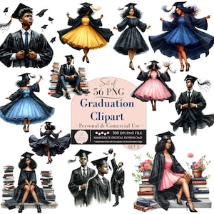 May include: Set of 56 PNG graduation clipart images. The clipart features illustrations of graduates in various poses, wearing graduation caps and gowns, and holding diplomas. The images are perfect for creating invitations, cards, and other graduation-themed projects.