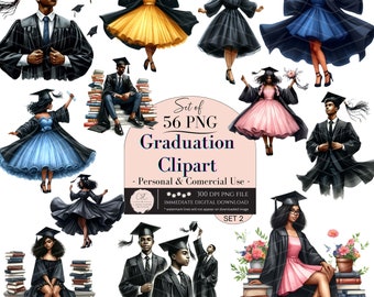Watercolor Graduation Boy Girl Clipart, African American Graduation PNG, Class of 2024, Graduation Party, Cap Gown Digital Commercial Use