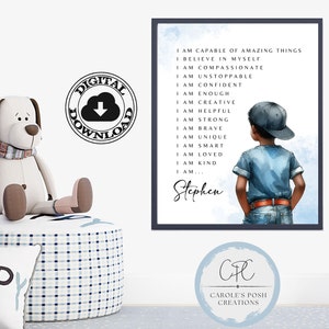 African American Personalized Name Positive Affirmations Art Print, Black Boy Affirmations Wall Art, Toddler Bedroom, Digital Downloadable