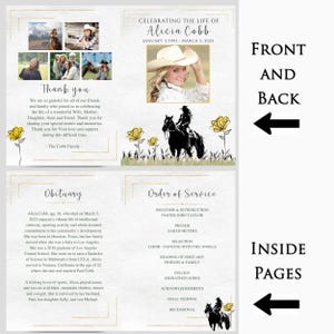 Editable Cowgirl Western Outdoors Horse Photo Memorial Funeral Program ...
