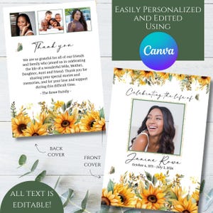 May include: A memorial card with a sunflower design. The front cover features a photo of a woman, the name "Janine Rowe", and dates. The back cover includes a "Thank you" message and family photos. Text reads "All text is editable!"