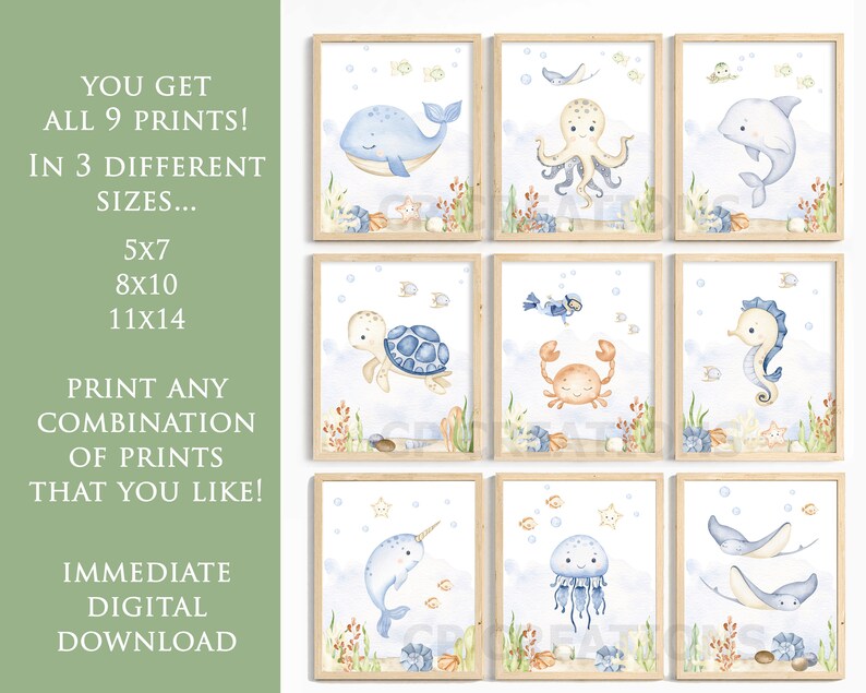 Under the Sea Watercolor Nursery Prints, Nautical Ocean Animal Wall Art ...