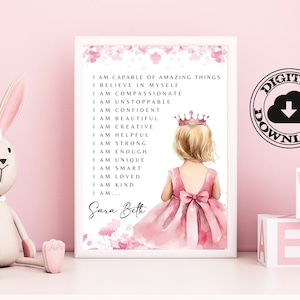 Nombre personalizado Princesa rubia Afirmaciones positivas Impresión de arte, Afirmaciones de niña arte de pared, Dormitorio para niños pequeños, Princesa descargable