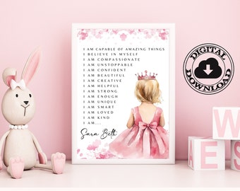 Könnte beinhalten: Ein druckbarer digitaler Download eines rosa-weißen Aquarell-Blumendesigns mit einem Zitat über Selbstliebe und Selbstvertrauen. Das Zitat lautet "Ich bin zu erstaunlichen Dingen fähig, ich glaube an mich selbst, ich bin mitfühlend, ich bin unaufhaltsam, ich bin selbstbewusst, ich bin schön, ich bin kreativ, ich bin hilfsbereit, ich bin stark, ich bin genug, ich bin einzigartig, ich bin klug, ich bin geliebt, ich bin freundlich, ich bin... Sara Beth". Das Design zeigt eine Aquarell-Illustration eines jungen Mädchens, das ein rosa Kleid und eine Krone trägt.