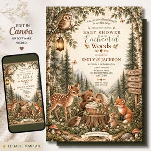 May include: A digital baby shower invitation template featuring a woodland scene with a deer, bear, fox, owl, and hedgehog. The text reads: A little woodland magic is on the way, Baby Shower in the Enchanted Woods, Emily & Jackson, October 17th.