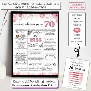 Zeitungsposter zum 70er Geburtstag, 1955 Fakten zum 70 Jahre Geburtstag, druckbares Geschenk für Mama Blumen rosa Rosegold, NICHT EDITIERBAR