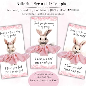 Ballerina Bunny Scrunchie Kartenvorlage, Balletttänzer Party Favor, Ballerina Rabbit personalisierte Scrunchie Halter Bearbeitbarer Digitaler Download