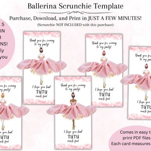 Modello di biglietto Scrunchie ballerina, bomboniera per ballerina di danza classica, porta elastici per etichetta principessa, download digitale, capelli biondi castani rossi neri