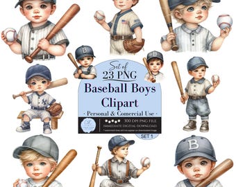Watercolor Baseball Boy Clipart, Baseball Toddler Baby Clipart, Cute Baseball Digital Art, Nursery Decor Bat and Ball art PNG Commercial Use