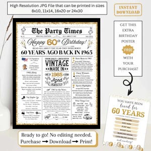 60th Birthday Newspaper Poster, Back in 1965 Facts for 60 Years Adult Birthday, Printable Gift for Women Men, NOT EDITABLE Digital Download