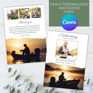 Plantilla editable de programa funerario conmemorativo de pesca en la montaña al aire libre para pescador, foto de un pescador, imprimible, celebración, celebración de la vida, atardecer, Canva