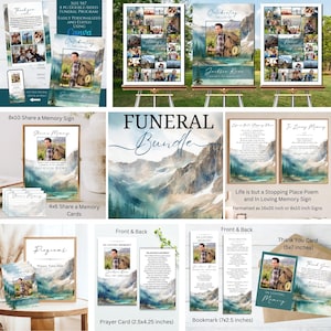 Paquete de programa funerario conmemorativo con foto de bosque de montaña editable, plantilla imprimible, carteles de collage de celebración de la vida, excursionista al aire libre