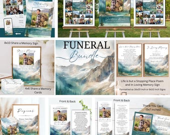 Editable Mountain Forest Photo Memorial Funeral Program Bundle, Template Printable Celebration of Life Collage Posters Sign, Outdoors Hiker