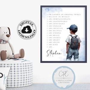 African American Personalized Name Positive Affirmations Art Print, Black Boy Affirmations Wall Art, Toddler Bedroom, Digital Downloadable
