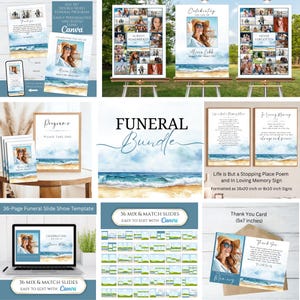 May include: A funeral bundle template set featuring a beach and ocean watercolour theme. Includes a 5x7 double-sided programme, 16x20 and 8x10 signs, a 36-page slideshow template, and a 5x7 thank you card, all editable with Canva for memorial services.