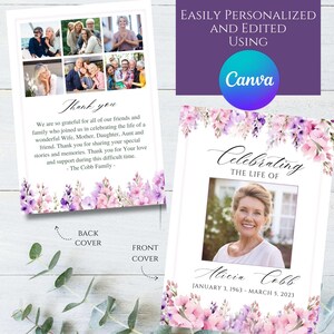 Modèle modifiable de programme de funérailles commémoratives pour collage de photos de coeur floral rose fleur pourpre, imprimable Célébration de la vie