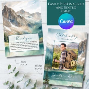 May include: A printable memorial card with a watercolor mountain landscape. The front cover features a photo of a man hiking in the mountains. The text on the front cover reads "Celebrating the Life of Jackson Rowe January 3, 1953 - March 5, 2023". The back cover features a thank you message.