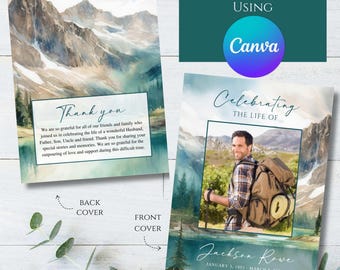 Editable Mountain Outdoors Forest Hiker Photo Memorial Funeral Program Template Printable Celebration Celebrating the Life Collage Honoring