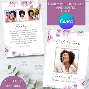 Editable Lavendar Floral Purple Memorial Program Template, Printable Celebration Celebrating Honoring the Life of Funeral Program | Bi-fold