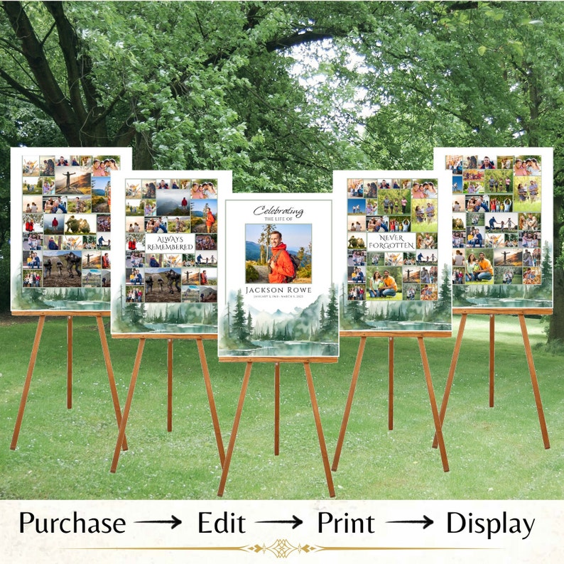 May include: Four photo collage posters on easels with a watercolor background. The posters feature a collage of photos and the text "Always Remembered", "Celebrating the Life of Jackson Rowe", "Never Forgotten", and "Always Remembered".