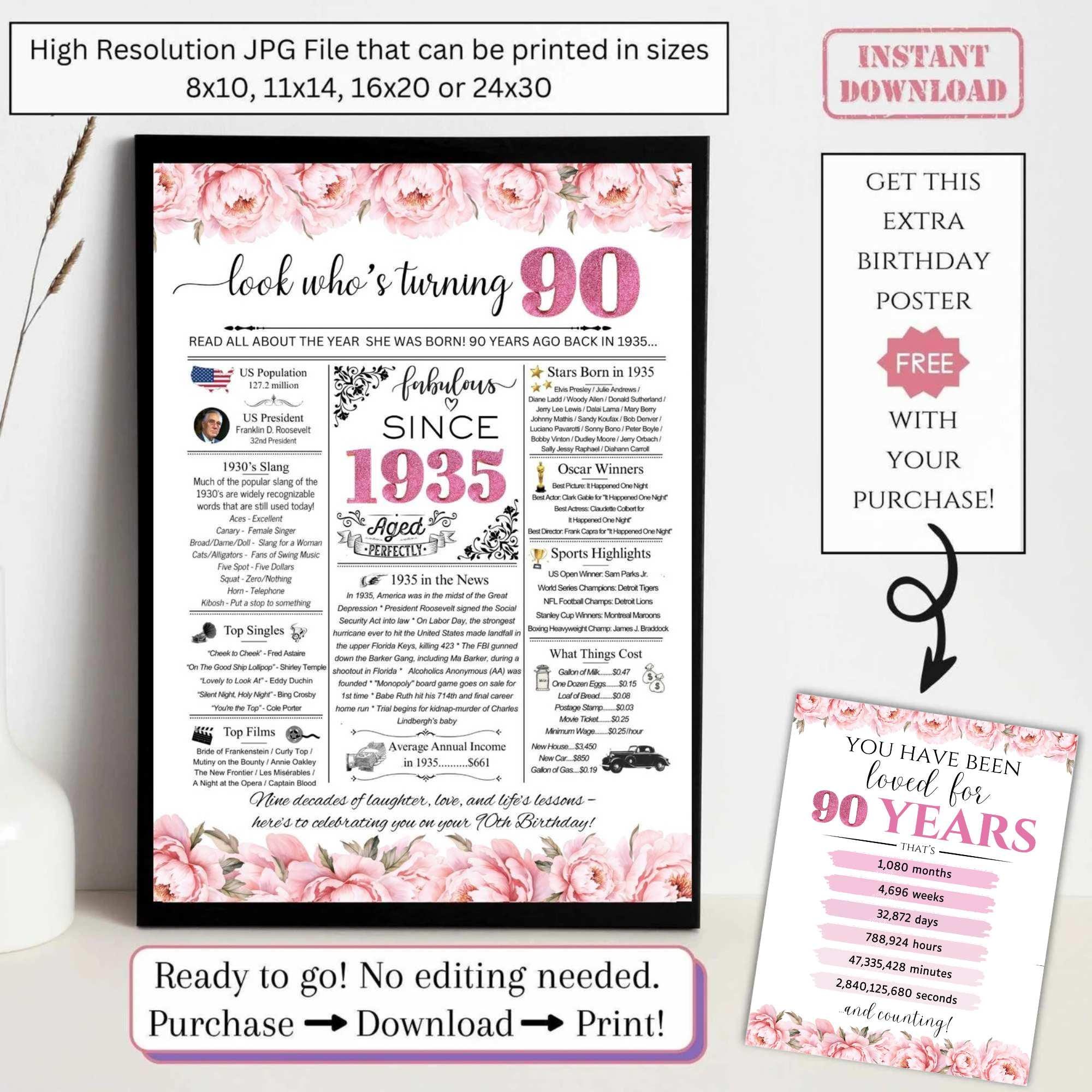 Afiche de periódico del 90.° cumpleaños, datos de 1935 para el cumpleaños de un adulto de 90 años, regalo imprimible para mamá, abuela, flores, peonías, NO EDITABLE