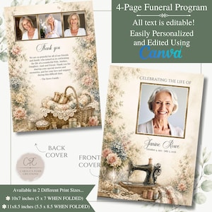 May include: A funeral program with a vintage floral design. The front cover features a photo of a woman, the text "Celebrating the Life of Janine Rowe", and a sewing machine illustration. The back cover includes a basket and photos.