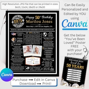 Personalized 50th Birthday Newspaper Poster, Back in 1975 Facts for 50 Adult Birthday, Printable Birthday Gift for Woman Man, DIY Canva Edit