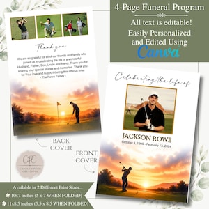 May include: A 4-page funeral program template featuring a golf theme. The front cover displays a photo of a man, the name Jackson Rowe, dates, and a sunset golf course illustration. The back cover includes three small photos and a thank you message.