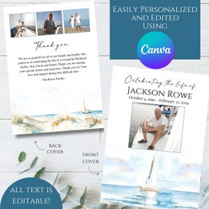 May include: A memorial card design with a watercolor beach scene and sailboat. The front cover reads "Celebrating the life of JACKSON ROWE" with a photo and dates. The back cover includes a "Thank you" message and photos.