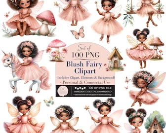 Blush Pink Watercolor Fairy Garden Clipart, African American Fairy, Afro Fairies Clipart, Black Fairies Clipart, Fairy PNG, Commercial Use